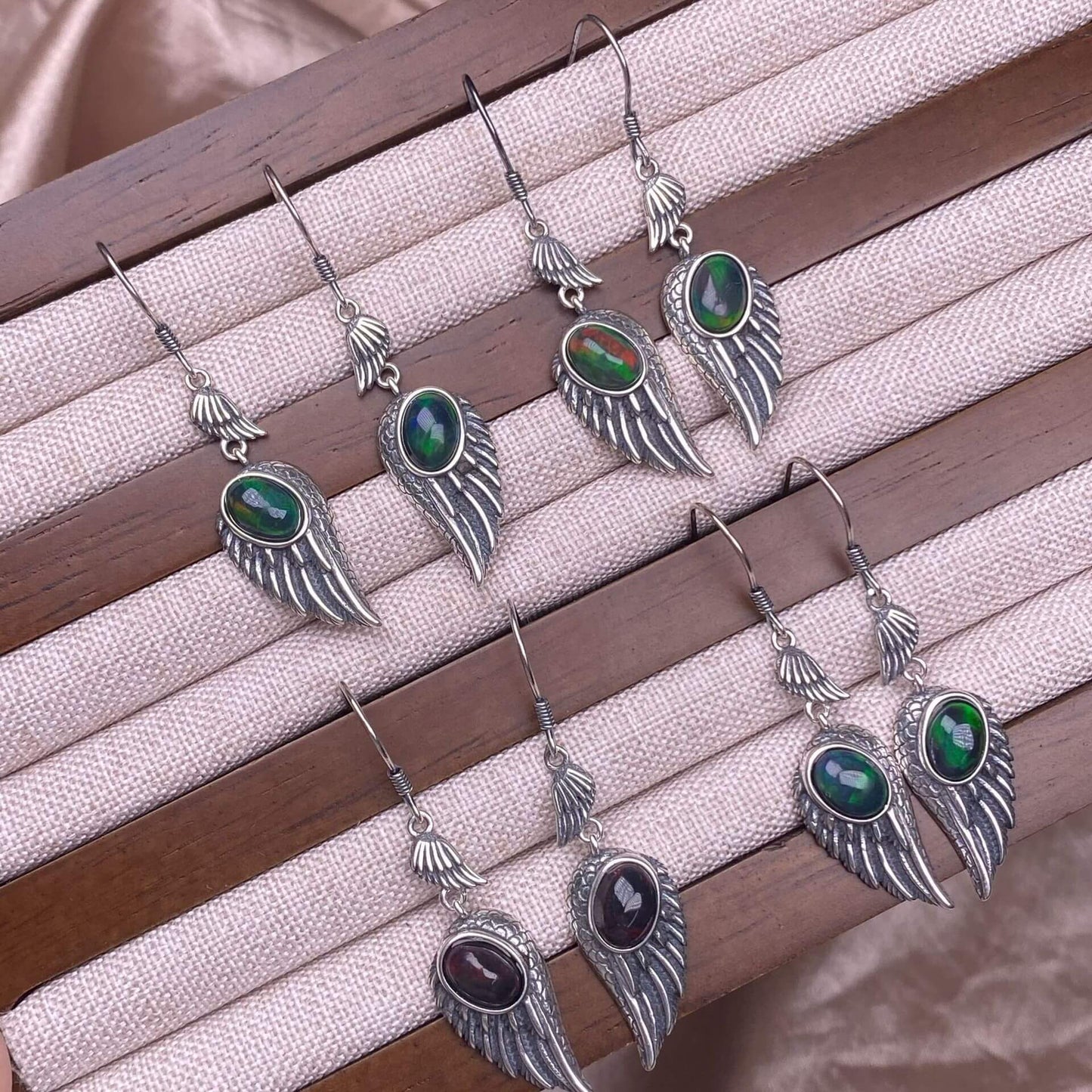 Garnet, black opal, black shell, white shell, tea crystal, purple dragon crystal wings earrings S925 (Copy)