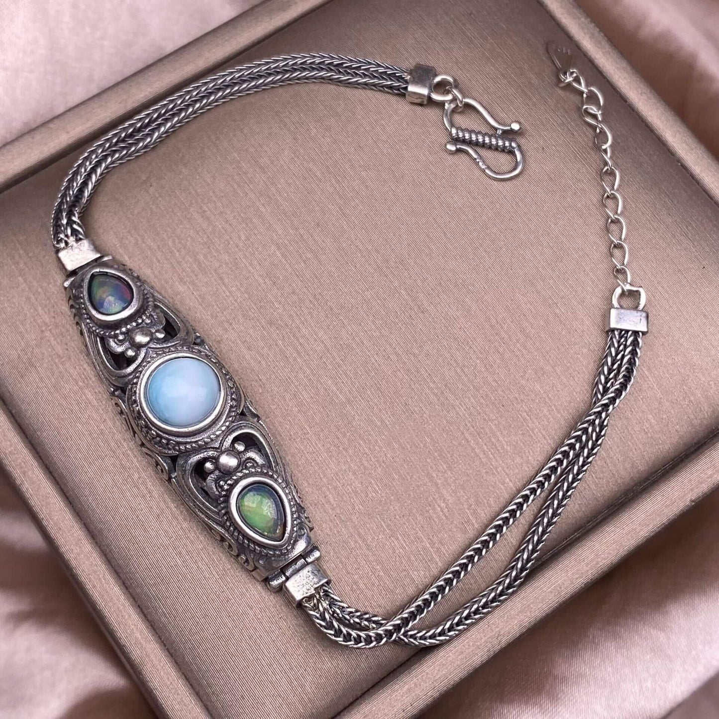 Black Opal Amethyst Lalima sea-patterned stone pink topa Opal s925 silver inlaid retro Nepalese style, exaggerated and niche Opal jewelry, dazzling and free of cracksry 2025 GMSB1