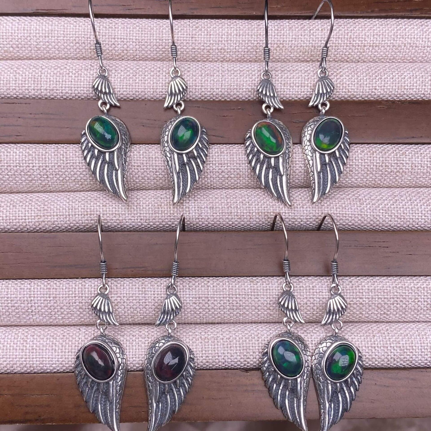 Garnet, black opal, black shell, white shell, tea crystal, purple dragon crystal wings earrings S925 (Copy)