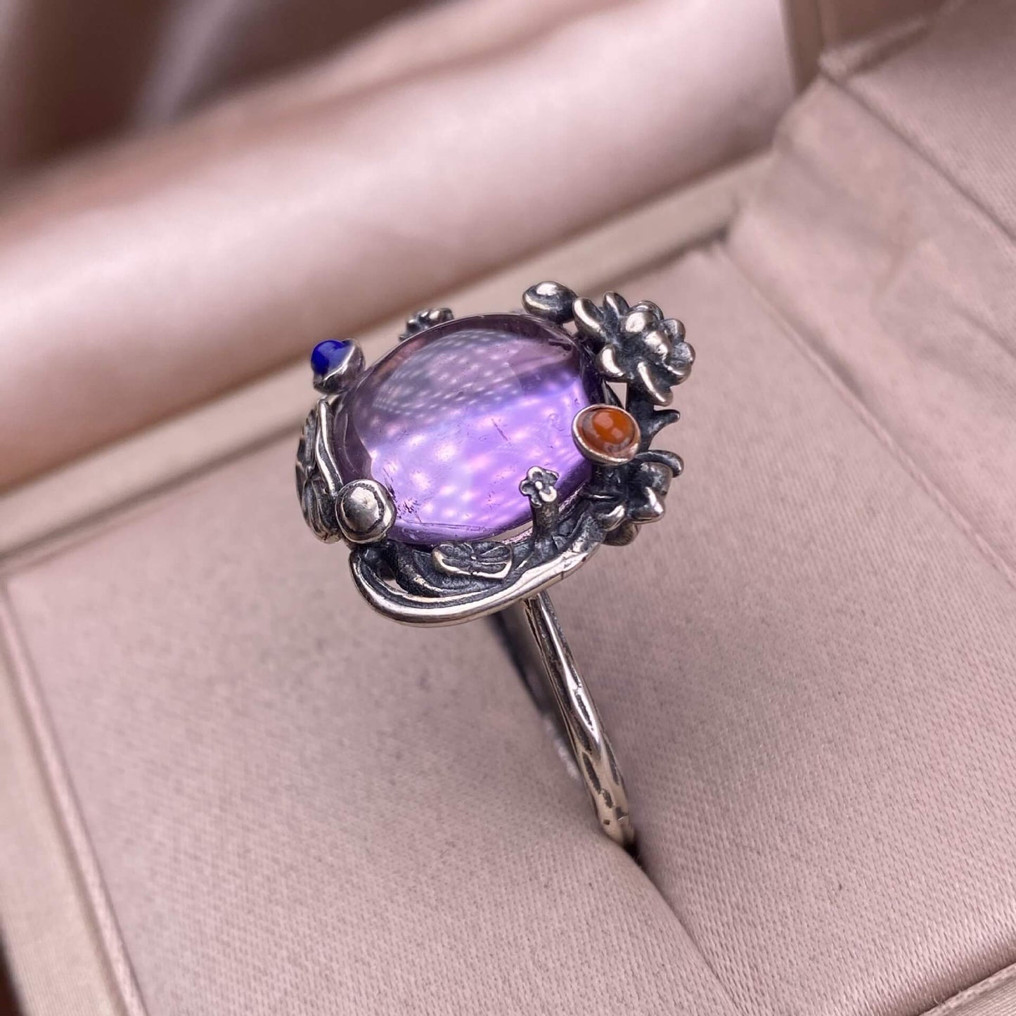 Aquamarine Lapis lazuli, raw blood amber, amethyst, golden sun, purple dragon crystal ring s925, silver inlaid with retro silver, exquisite Nepalese aged women's jewelry, European and American cross-border ring
