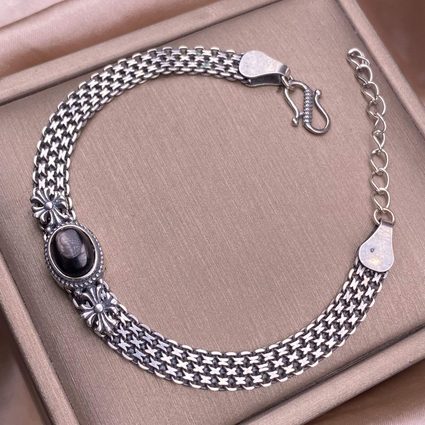 Ghost Amber Sea pattern stone, grape stone, Golden Sun, blue crystal stone, abalone shell, old wax, purple dragon crystal, black opal, golden fortune stone, yellow crystal, opal Bracelet S925 silver inlaid retro silver jewelry Wide Tank Chain