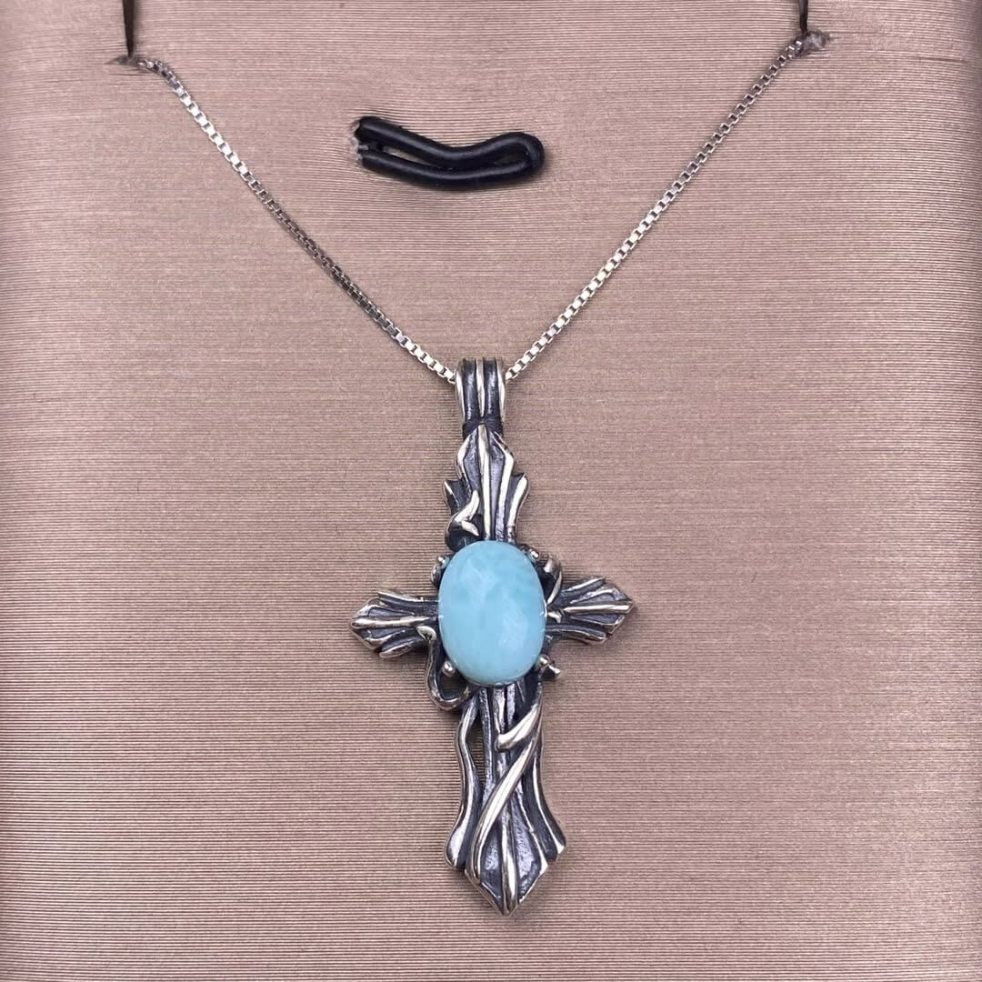 Opal, abalone shell, Larima sea crest stone, grey moonstone, aquamarine, jasper, citrine, turquoise, old waxS925 silver inlaid retro silver cross pendant, aged, personalized and fashionable OL necklace Pendant