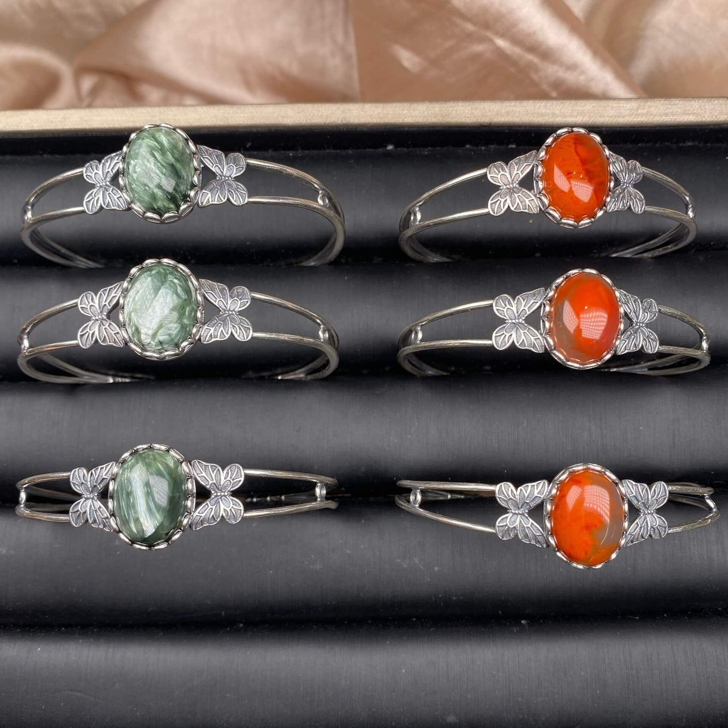 Old wax, green dragon crystal, south red, rose crystal, blue crystal, Peter stone bangle bracelet S925, silver inlaid, retro open bracelet