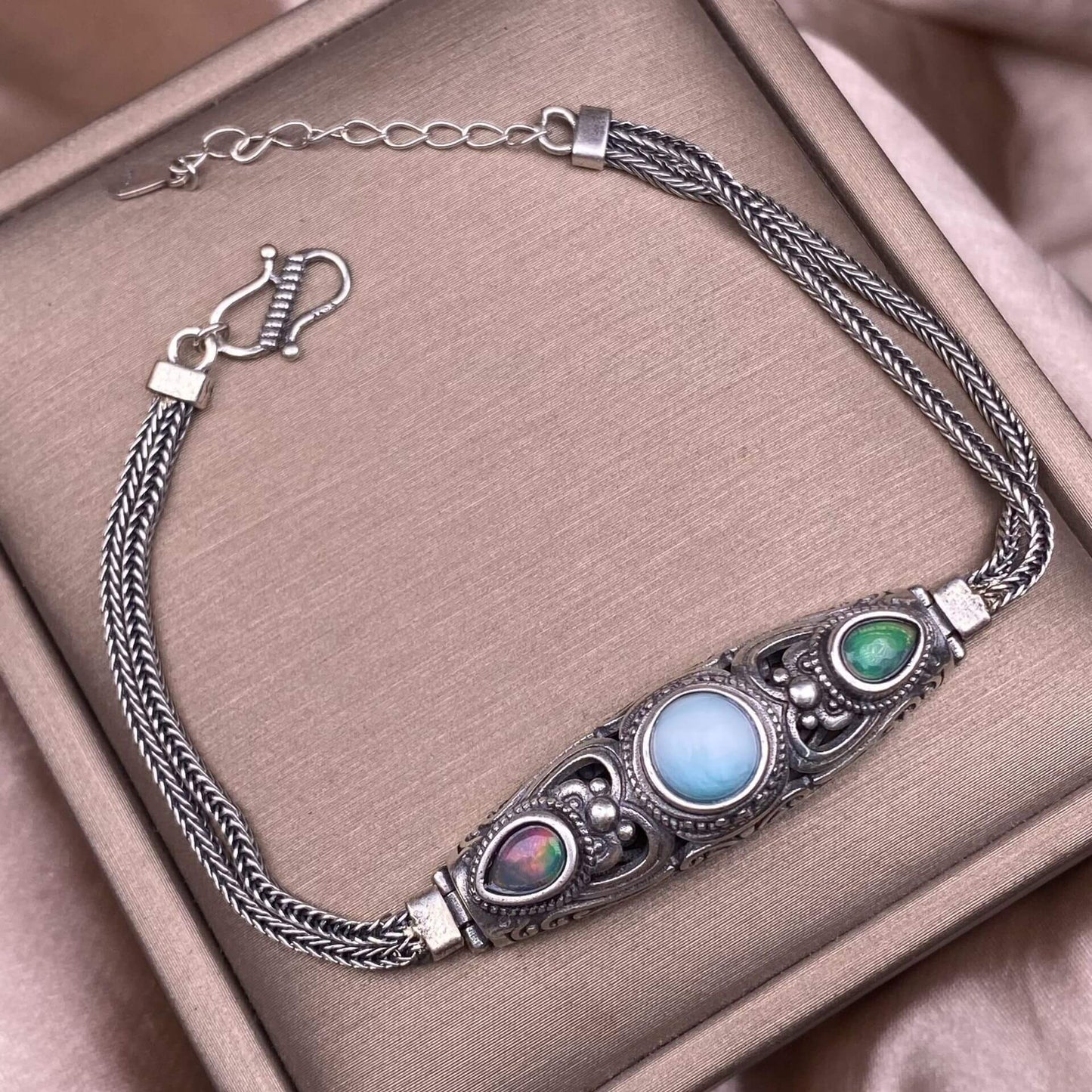 Black Opal Amethyst Lalima sea-patterned stone pink topa Opal s925 silver inlaid retro Nepalese style, exaggerated and niche Opal jewelry, dazzling and free of cracksry 2025 GMSB1