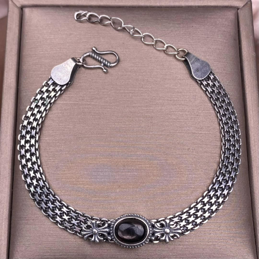 Ghost Amber Sea pattern stone, grape stone, Golden Sun, blue crystal stone, abalone shell, old wax, purple dragon crystal, black opal, golden fortune stone, yellow crystal, opal Bracelet S925 silver inlaid retro silver jewelry Wide Tank Chain