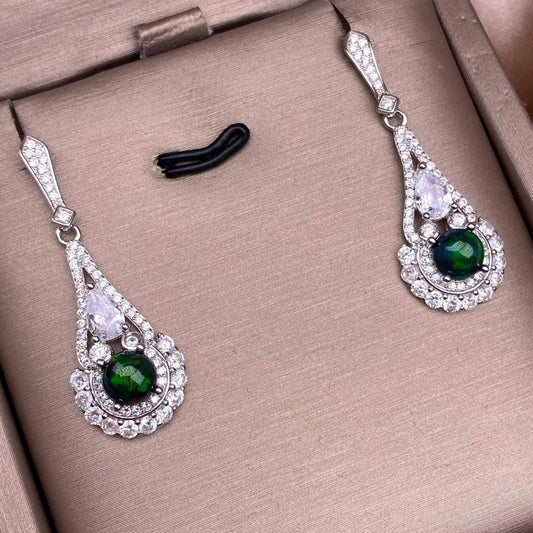 Pair of teardrop-shaped earrings with Black Opal and diamond-like stones