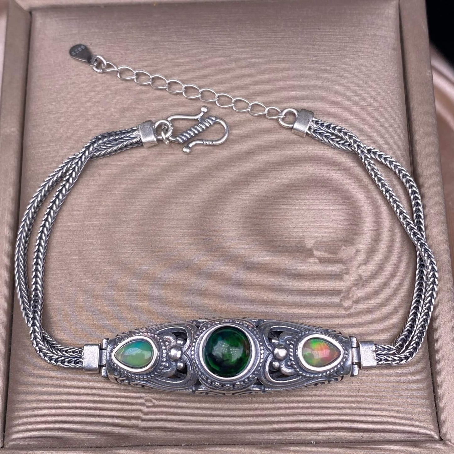 Black Opal Amethyst Lalima sea-patterned stone pink topa Opal s925 silver inlaid retro Nepalese style, exaggerated and niche Opal jewelry, dazzling and free of cracksry 2025 GMSB1