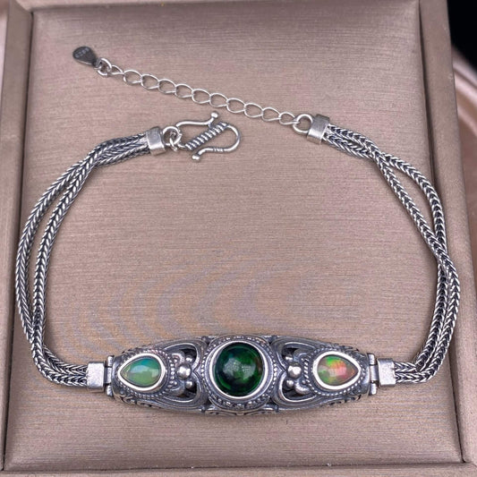 Black Opal Amethyst Lalima sea-patterned stone pink topa Opal s925 silver inlaid retro Nepalese style, exaggerated and niche Opal jewelry, dazzling and free of cracksry 2025 GMSB1