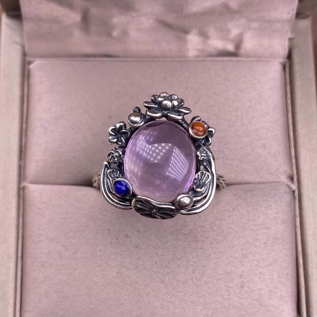 Aquamarine Lapis lazuli, raw blood amber, amethyst, golden sun, purple dragon crystal ring s925, silver inlaid with retro silver, exquisite Nepalese aged women's jewelry, European and American cross-border ring