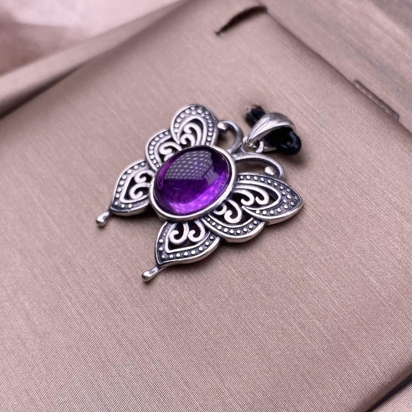 Lalima sea Pattern Stone Rose quartz, blue moonstone, aquamarine, old wax, flower amber, amethyst, turquoise, Hetian jade, grape stone pendant S925 silver inlaid retro butterfly necklace pendant