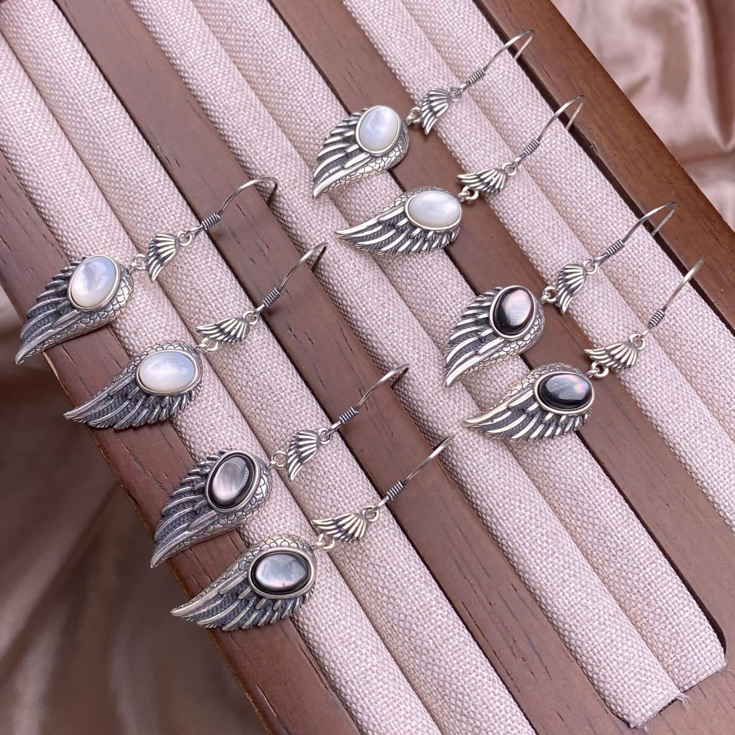 Garnet, black opal, black shell, white shell, tea crystal, purple dragon crystal wings earrings S925 (Copy)