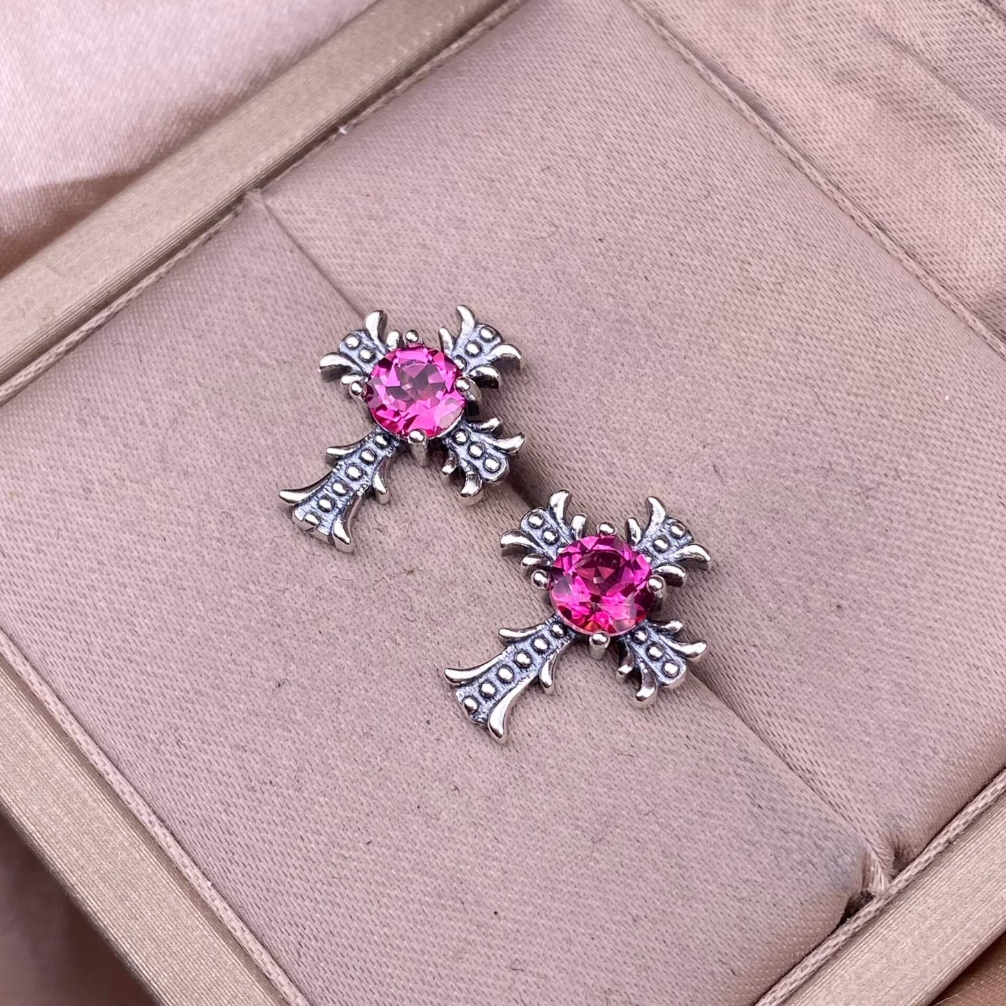 Citrine, peridot, garnet, south red, pink topaz, opal, cordierite, black opal, sea pattern stone, turquoise  cross earrings S925