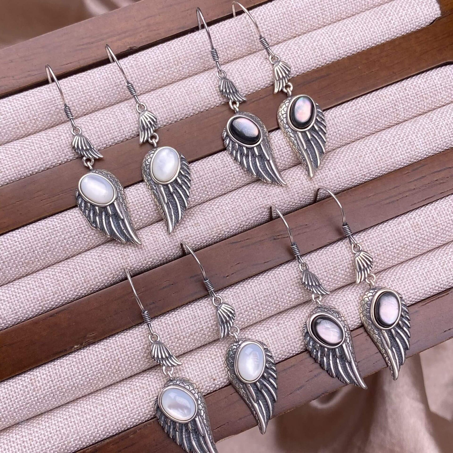 Garnet, black opal, black shell, white shell, tea crystal, purple dragon crystal wings earrings S925 (Copy)