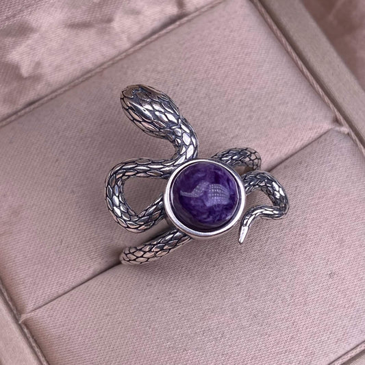Freshwater pearl, kyanite, Hetian jade, purple dragon crystal, grey moonlight, super Seven ring S925 in silver snake shaped silver ring
