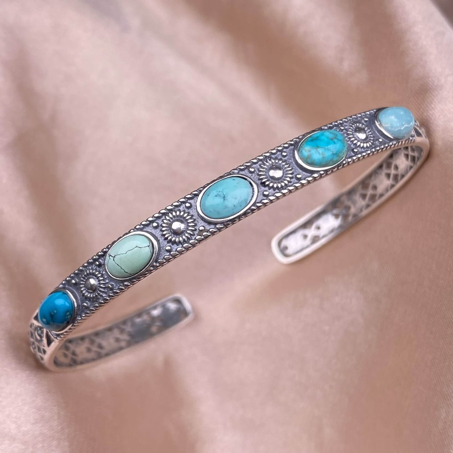 Black Opal,Turquoise, golden stone Blue Moonlight, lime feldspar, citrine, amethyst, aquamarine bangle bracelet S925, silver inlaid, retro open bracelet