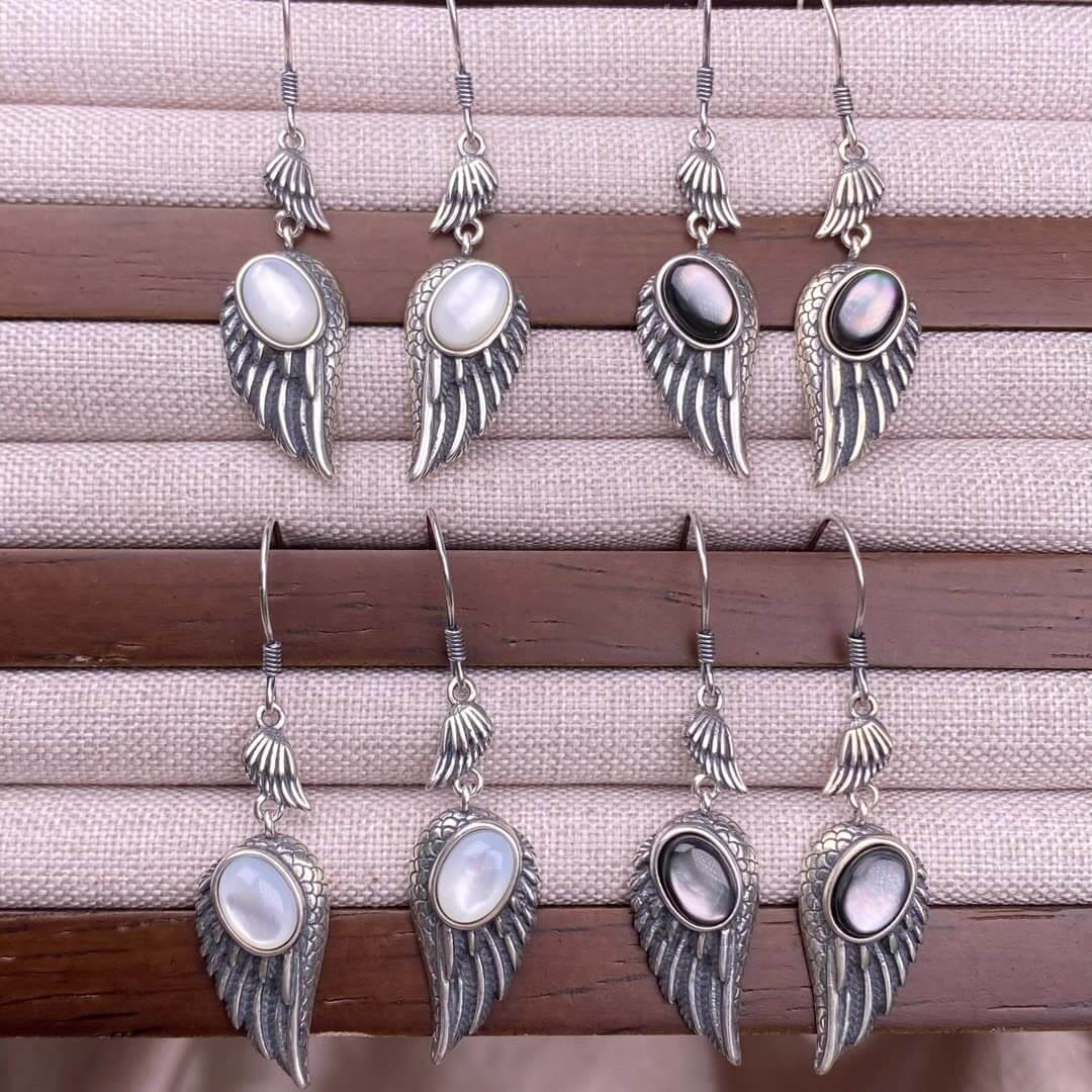 Garnet, black opal, black shell, white shell, tea crystal, purple dragon crystal wings earrings S925 (Copy)