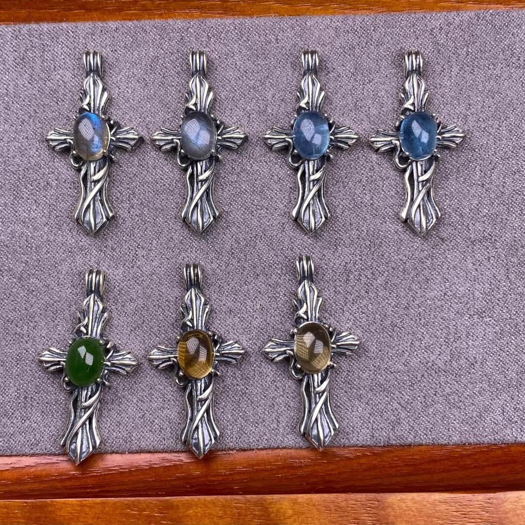 Opal, abalone shell, Larima sea crest stone, grey moonstone, aquamarine, jasper, citrine, turquoise, old waxS925 silver inlaid retro silver cross pendant, aged, personalized and fashionable OL necklace Pendant