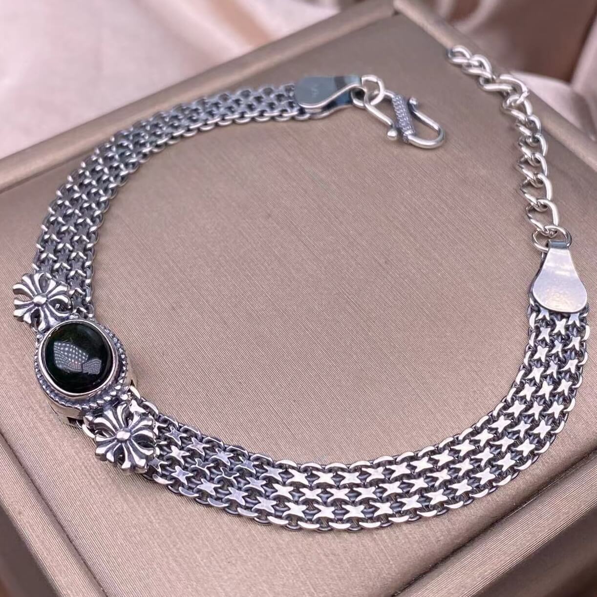 Ghost Amber Sea pattern stone, grape stone, Golden Sun, blue crystal stone, abalone shell, old wax, purple dragon crystal, black opal, golden fortune stone, yellow crystal, opal Bracelet S925 silver inlaid retro silver jewelry Wide Tank Chain