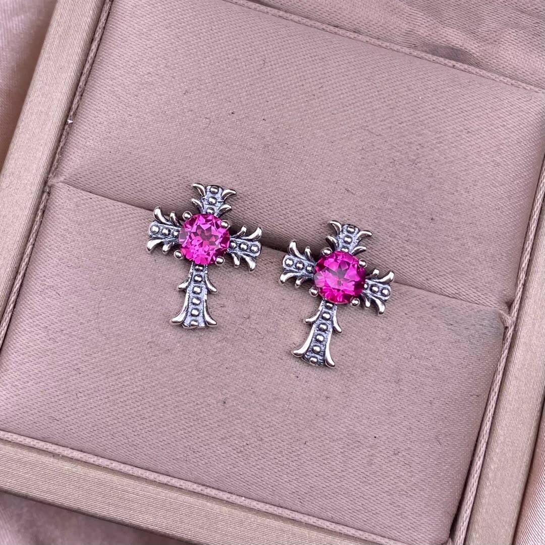 Citrine, peridot, garnet, south red, pink topaz, opal, cordierite, black opal, sea pattern stone, turquoise  cross earrings S925