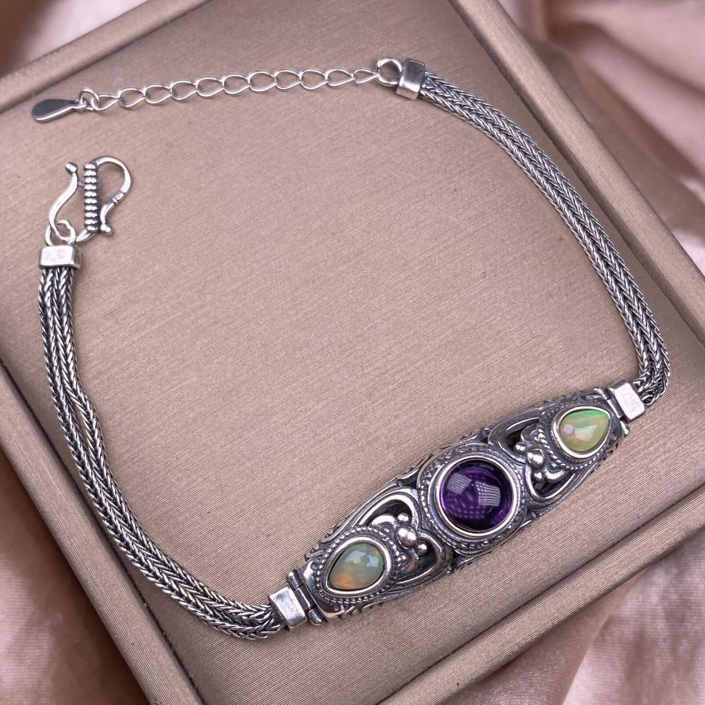 Black Opal Amethyst Lalima sea-patterned stone pink topa Opal s925 silver inlaid retro Nepalese style, exaggerated and niche Opal jewelry, dazzling and free of cracksry 2025 GMSB1