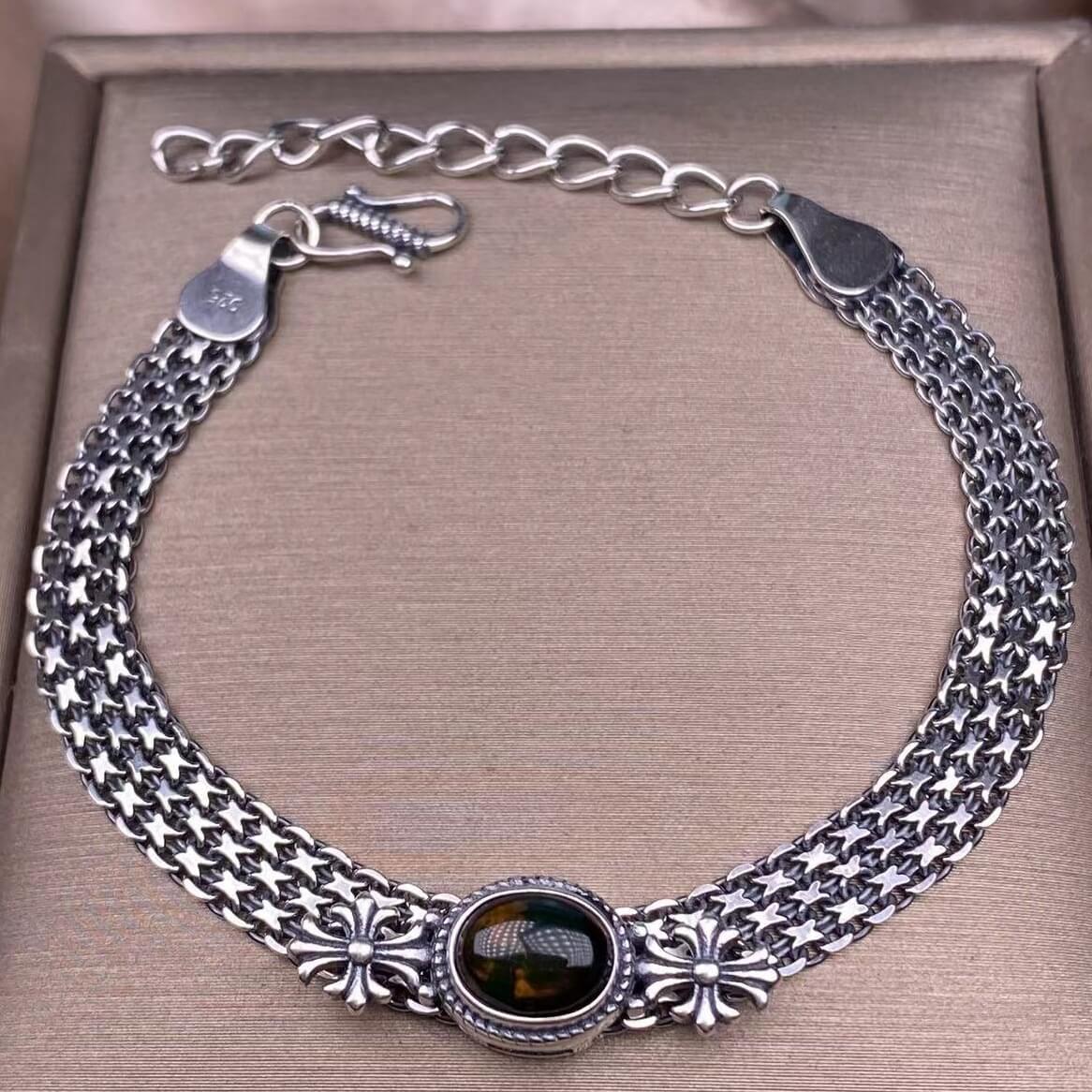 Ghost Amber Sea pattern stone, grape stone, Golden Sun, blue crystal stone, abalone shell, old wax, purple dragon crystal, black opal, golden fortune stone, yellow crystal, opal Bracelet S925 silver inlaid retro silver jewelry Wide Tank Chain