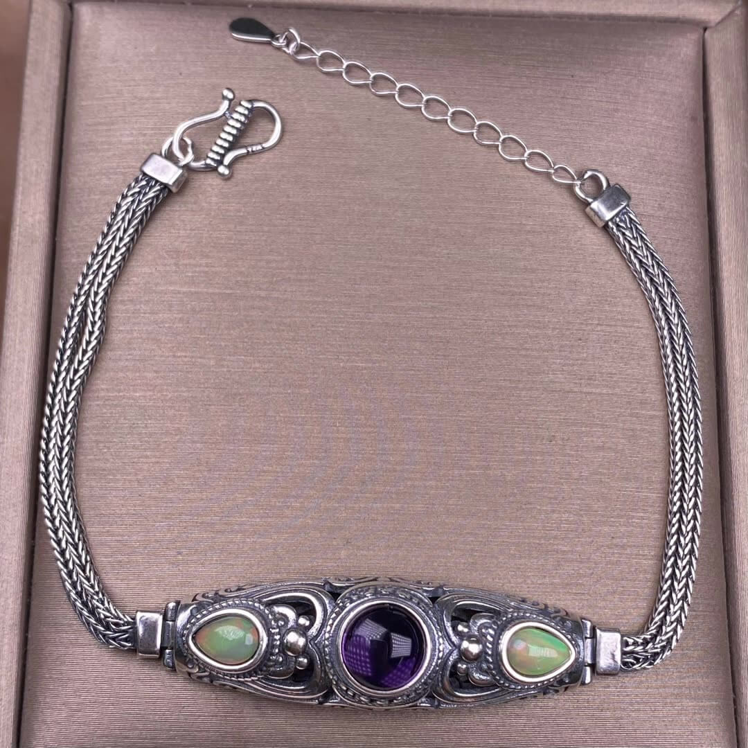 Black Opal Amethyst Lalima sea-patterned stone pink topa Opal s925 silver inlaid retro Nepalese style, exaggerated and niche Opal jewelry, dazzling and free of cracksry 2025 GMSB1