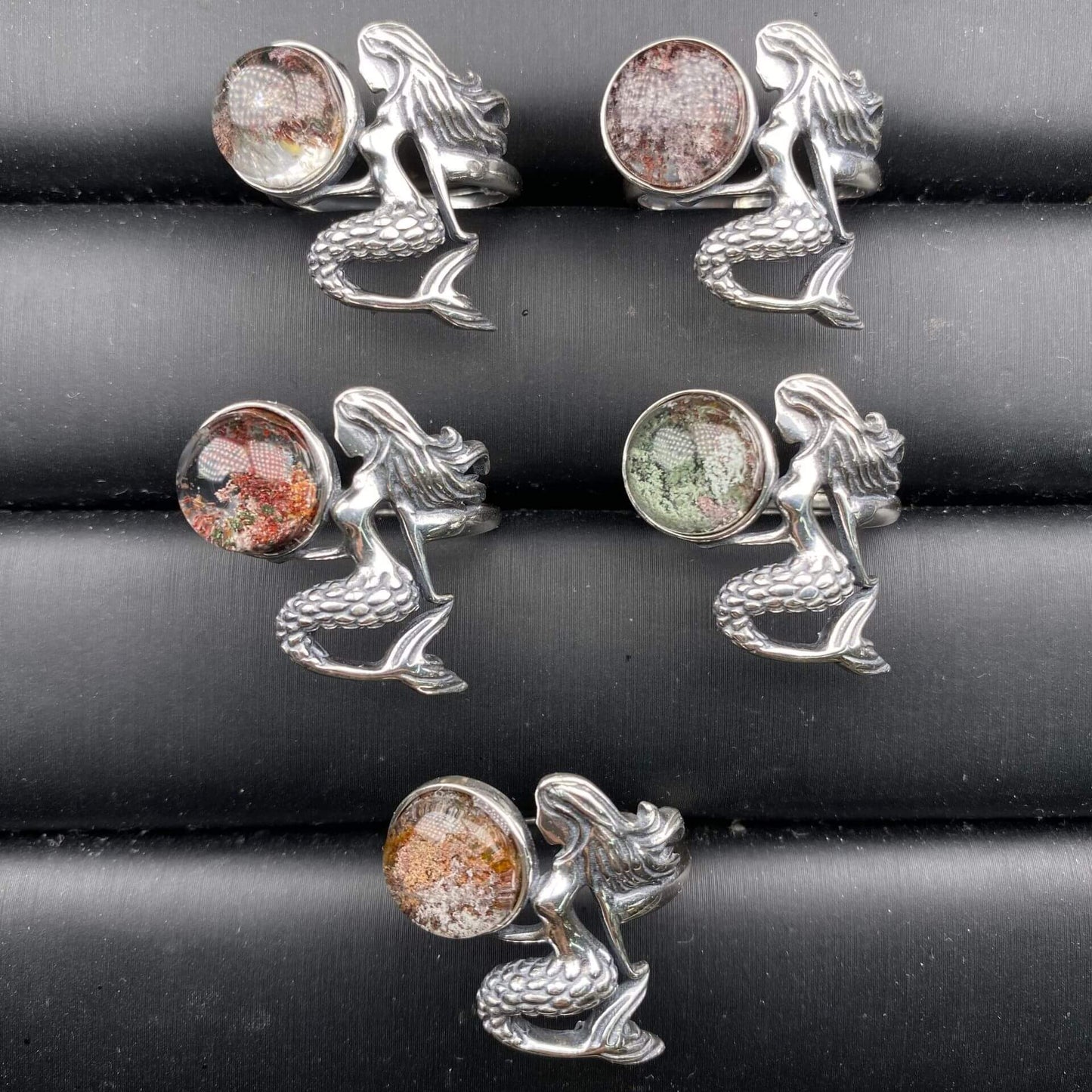 Old wax, amethyst, ghost, garnet, rose quartz golden fortune stone ring S925 in silver, mermaid shaped Silver