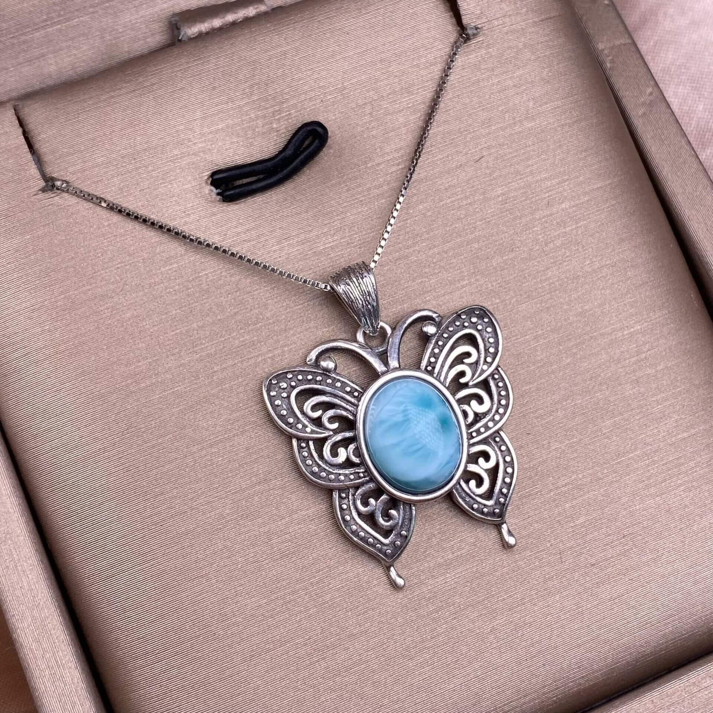 Lalima sea Pattern Stone Rose quartz, blue moonstone, aquamarine, old wax, flower amber, amethyst, turquoise, Hetian jade, grape stone pendant S925 silver inlaid retro butterfly necklace pendant