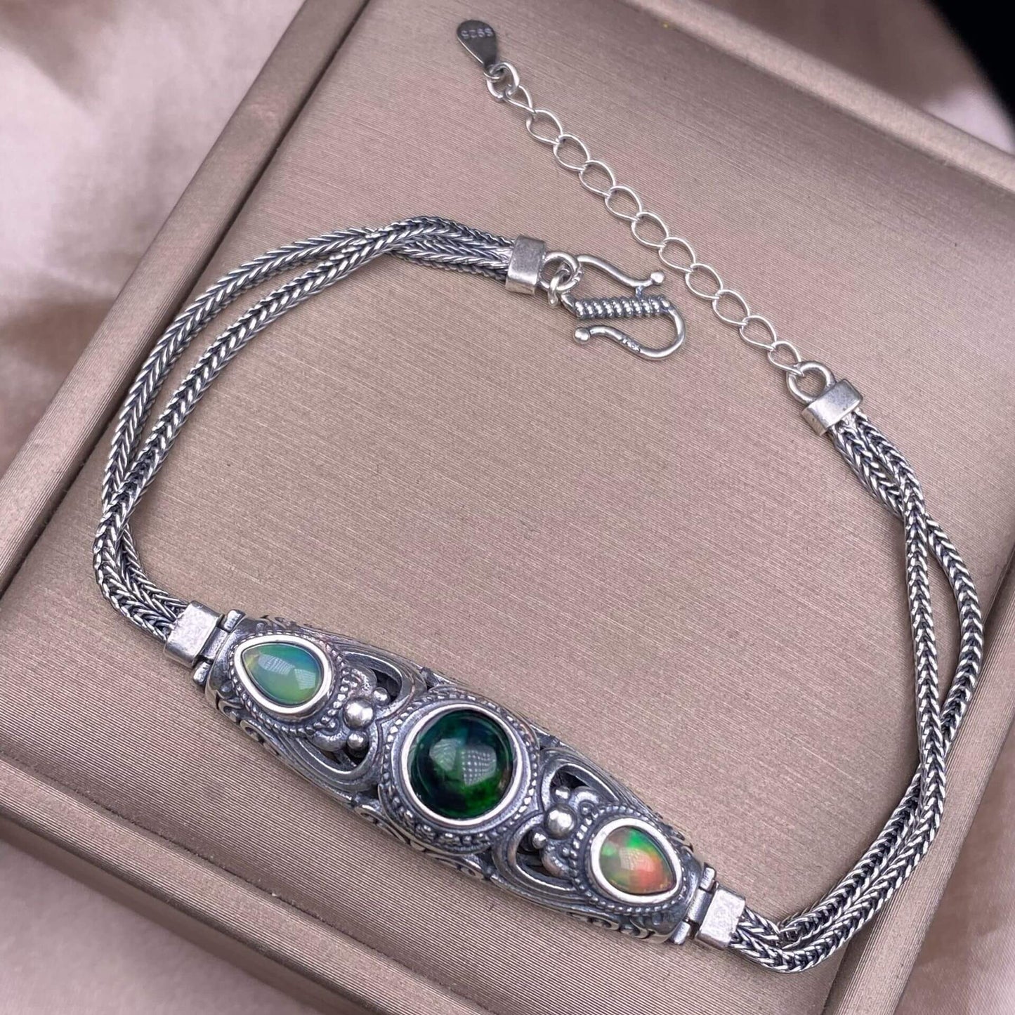 Black Opal Amethyst Lalima sea-patterned stone pink topa Opal s925 silver inlaid retro Nepalese style, exaggerated and niche Opal jewelry, dazzling and free of cracksry 2025 GMSB1