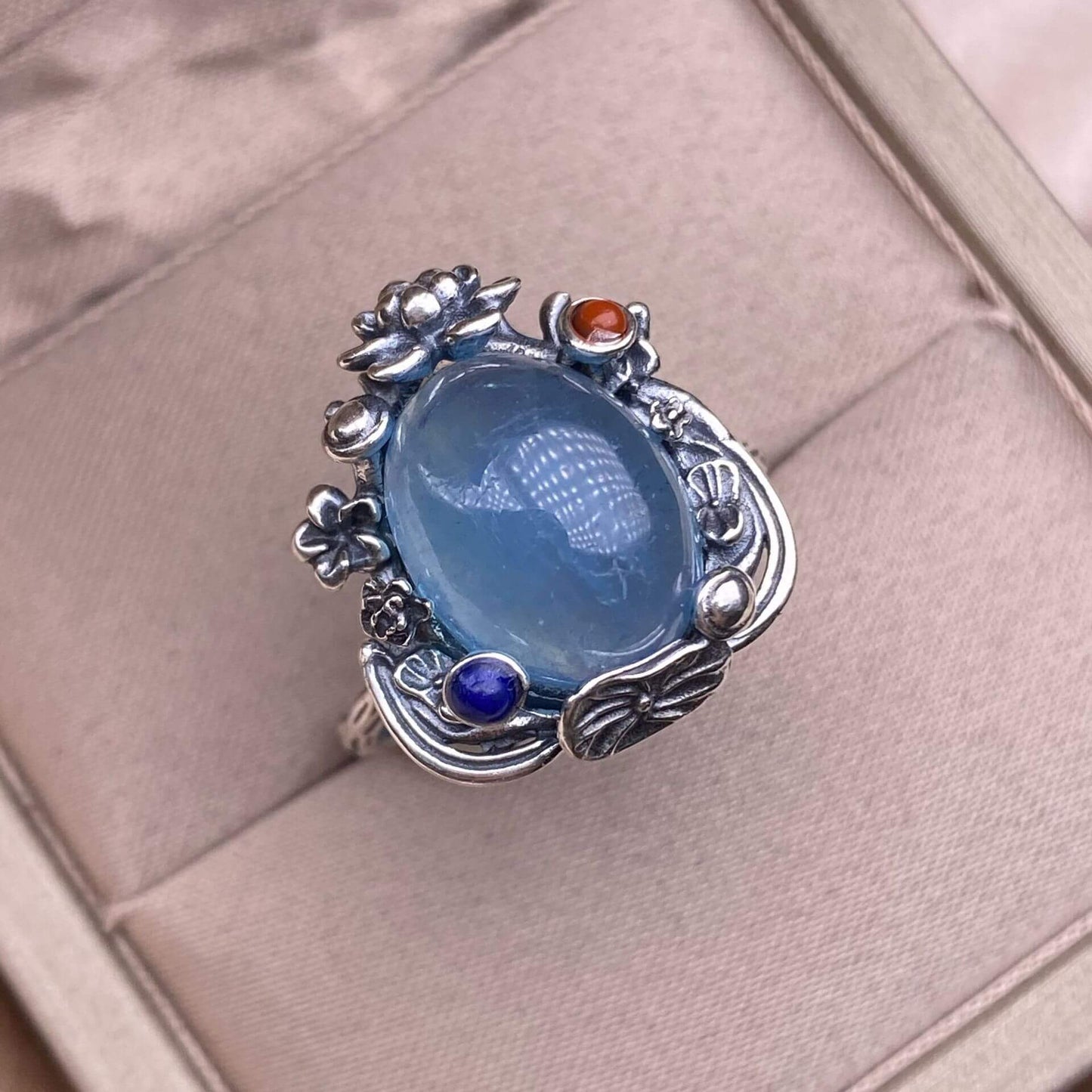 Aquamarine Lapis lazuli, raw blood amber, amethyst, golden sun, purple dragon crystal ring s925, silver inlaid with retro silver, exquisite Nepalese aged women's jewelry, European and American cross-border ring