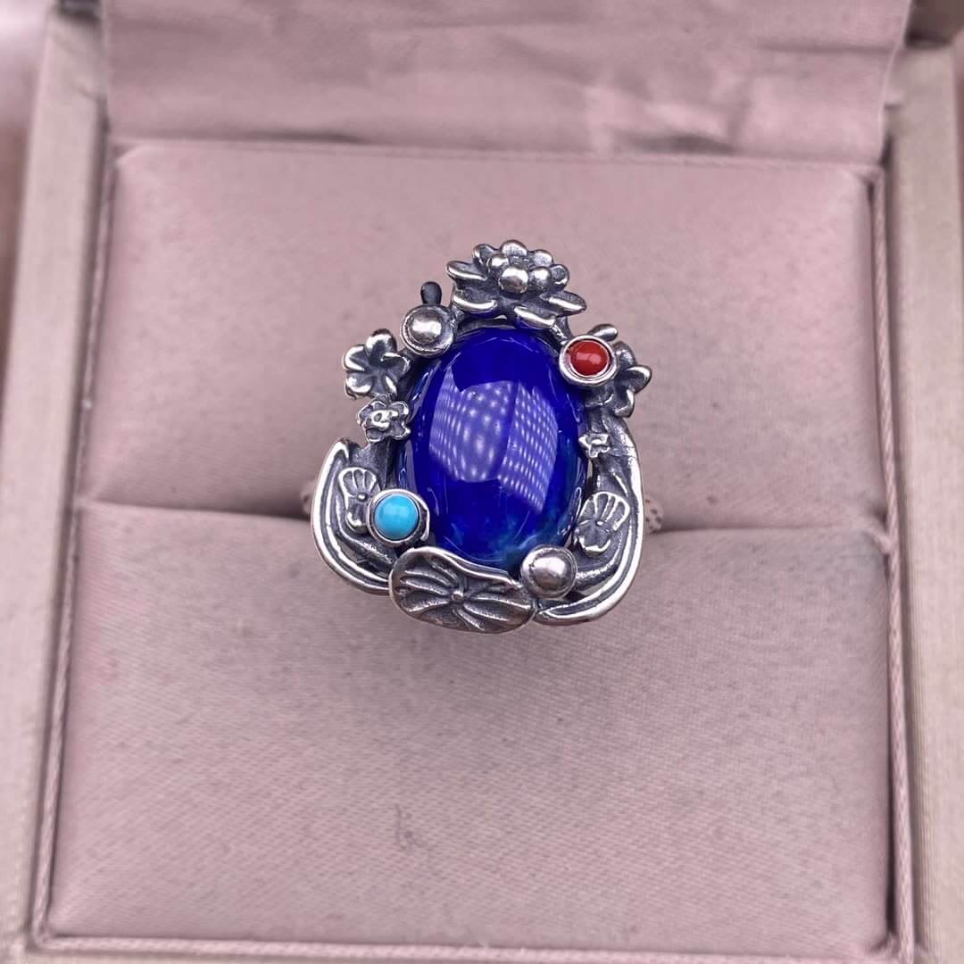 Aquamarine Lapis lazuli, raw blood amber, amethyst, golden sun, purple dragon crystal ring s925, silver inlaid with retro silver, exquisite Nepalese aged women's jewelry, European and American cross-border ring