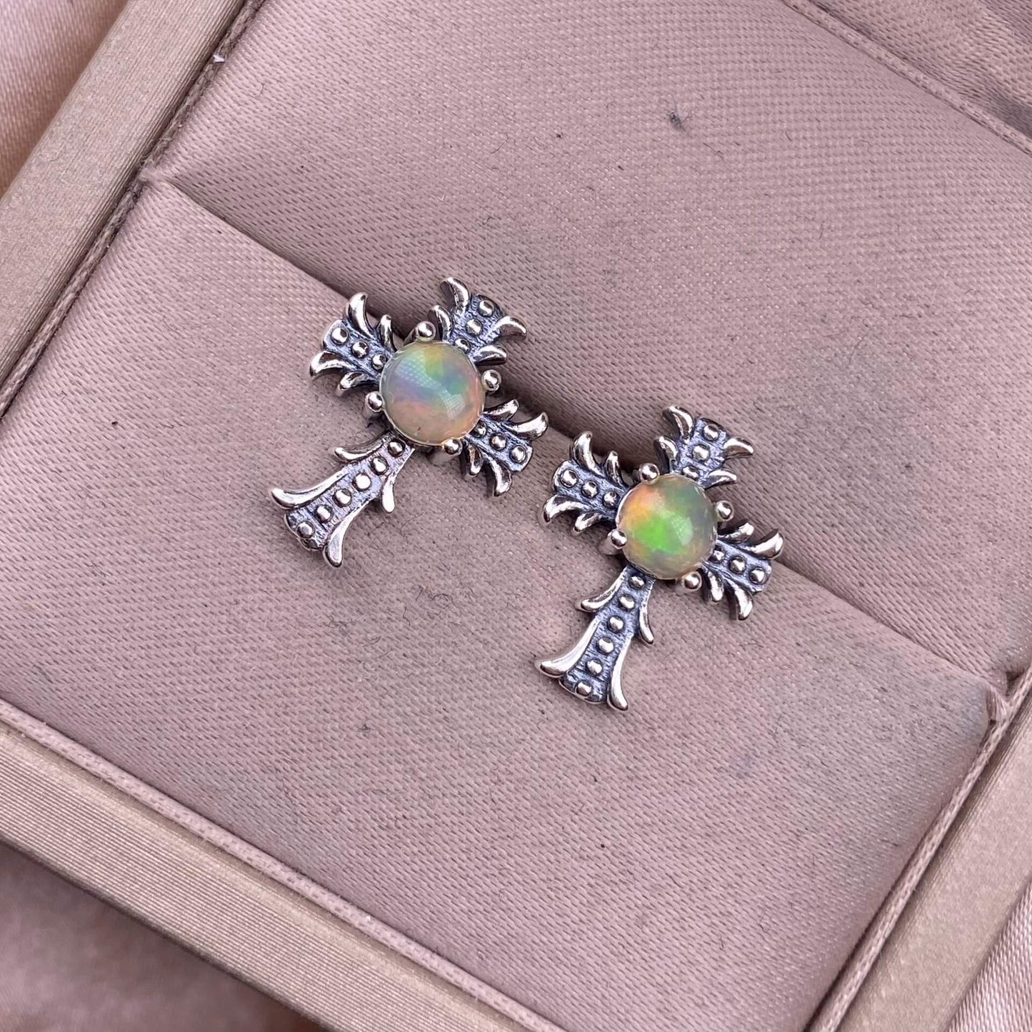 Citrine, peridot, garnet, south red, pink topaz, opal, cordierite, black opal, sea pattern stone, turquoise  cross earrings S925