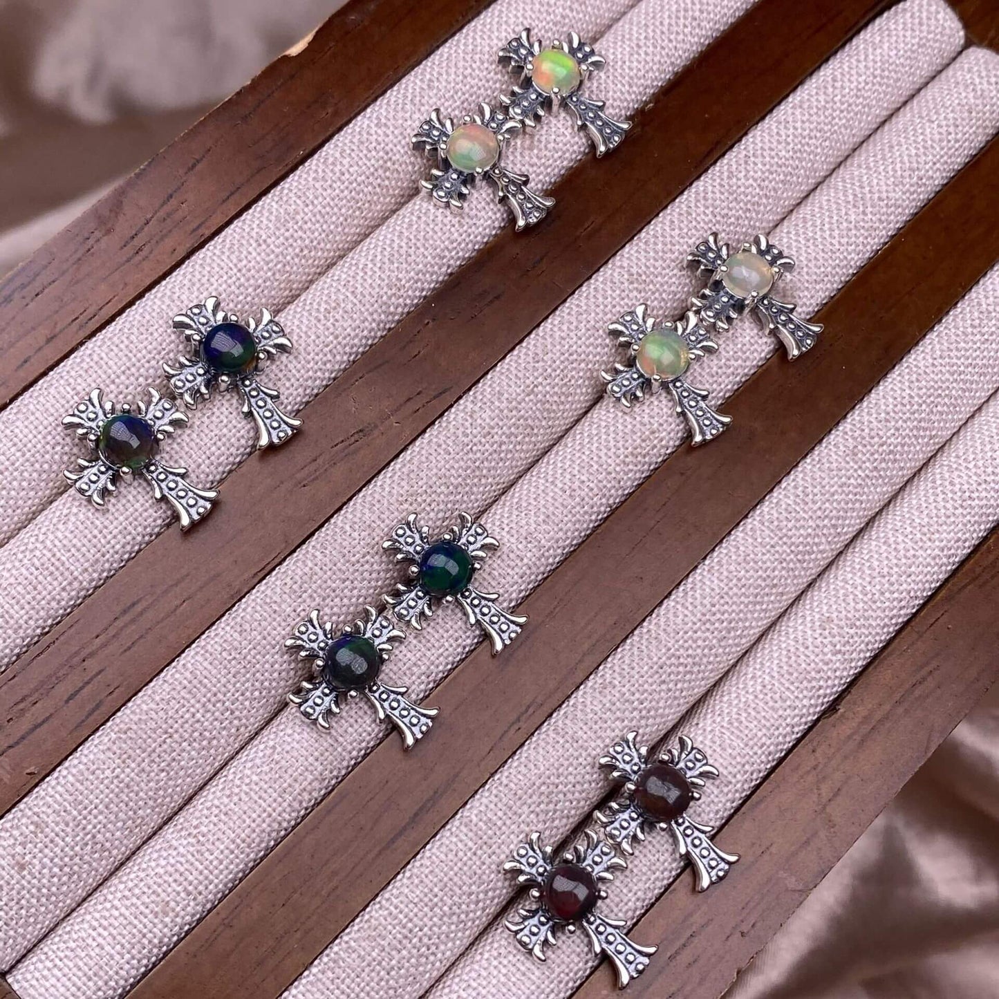 Citrine, peridot, garnet, south red, pink topaz, opal, cordierite, black opal, sea pattern stone, turquoise  cross earrings S925