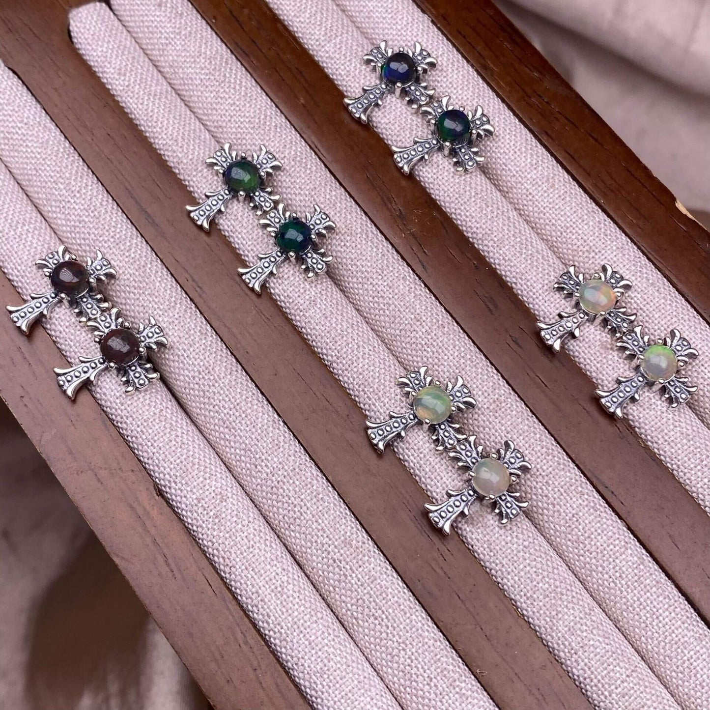 Citrine, peridot, garnet, south red, pink topaz, opal, cordierite, black opal, sea pattern stone, turquoise  cross earrings S925