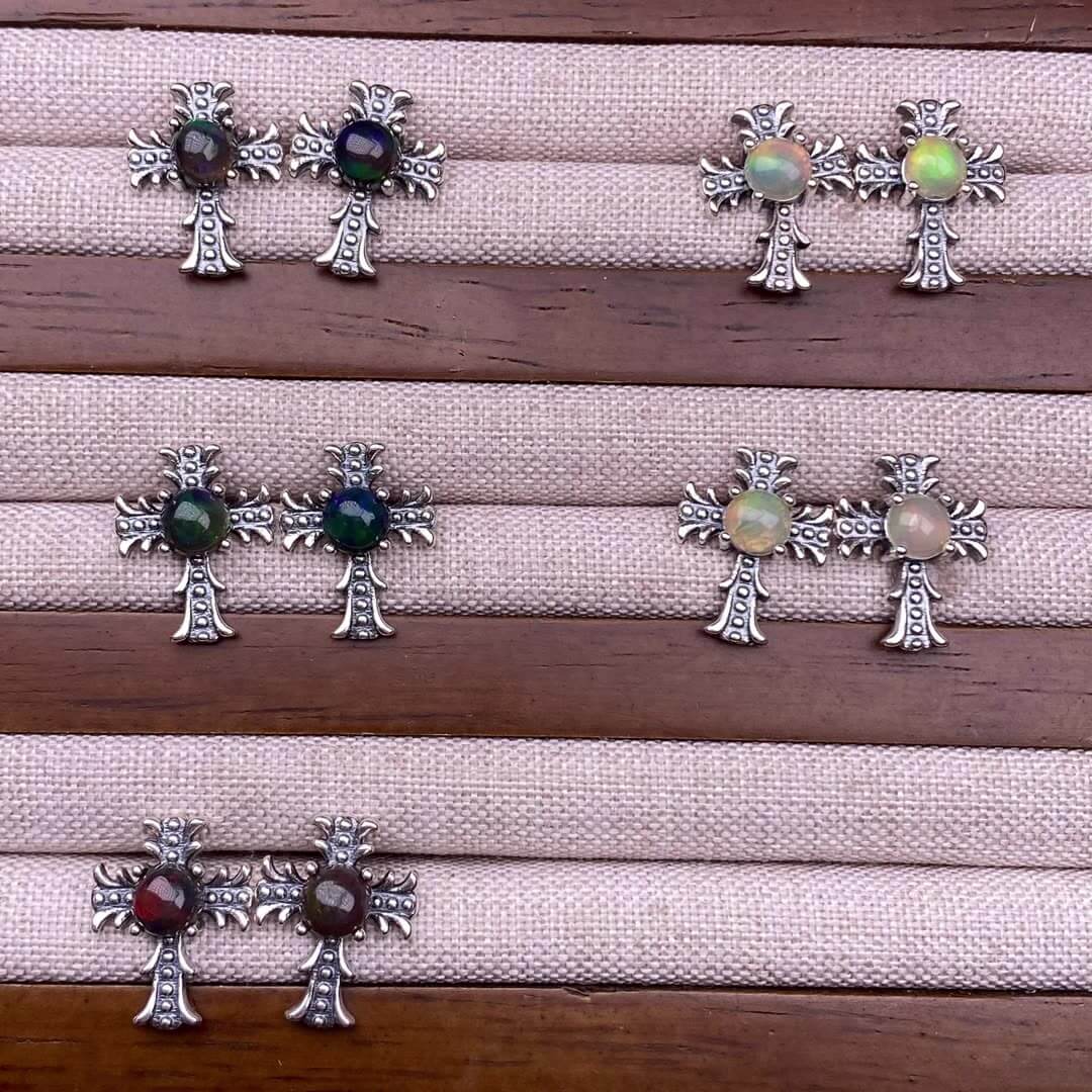 Citrine, peridot, garnet, south red, pink topaz, opal, cordierite, black opal, sea pattern stone, turquoise  cross earrings S925