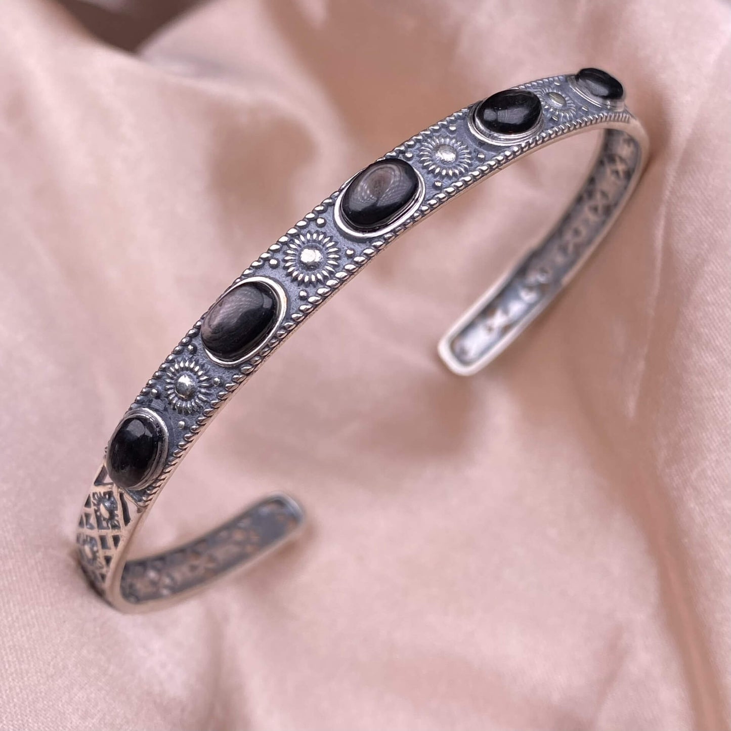 Black Opal,Turquoise, golden stone Blue Moonlight, lime feldspar, citrine, amethyst, aquamarine bangle bracelet S925, silver inlaid, retro open bracelet