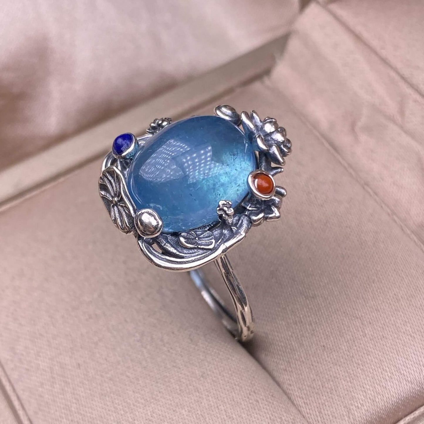 Aquamarine Lapis lazuli, raw blood amber, amethyst, golden sun, purple dragon crystal ring s925, silver inlaid with retro silver, exquisite Nepalese aged women's jewelry, European and American cross-border ring