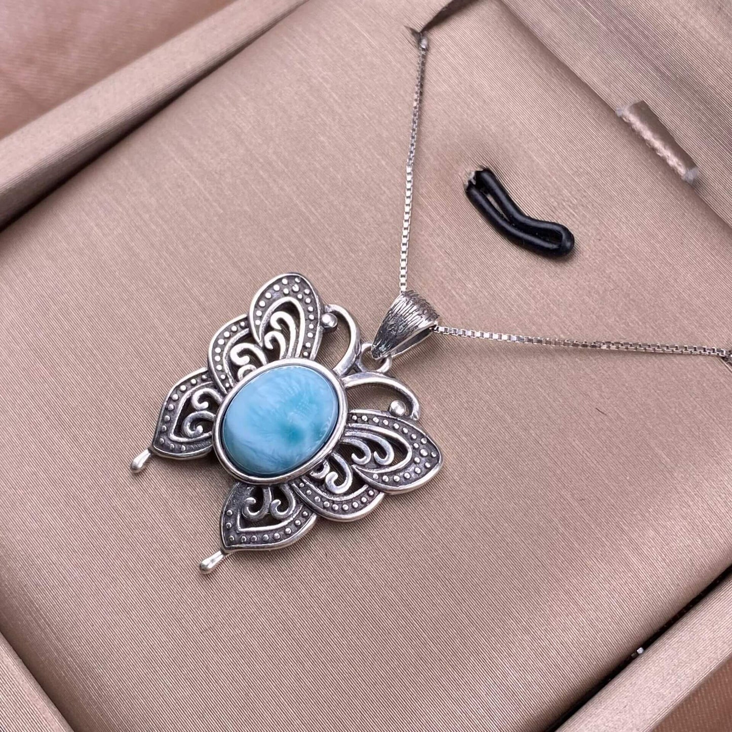 Lalima sea Pattern Stone Rose quartz, blue moonstone, aquamarine, old wax, flower amber, amethyst, turquoise, Hetian jade, grape stone pendant S925 silver inlaid retro butterfly necklace pendant