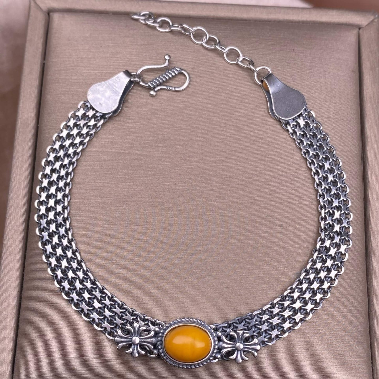 Ghost Amber Sea pattern stone, grape stone, Golden Sun, blue crystal stone, abalone shell, old wax, purple dragon crystal, black opal, golden fortune stone, yellow crystal, opal Bracelet S925 silver inlaid retro silver jewelry Wide Tank Chain