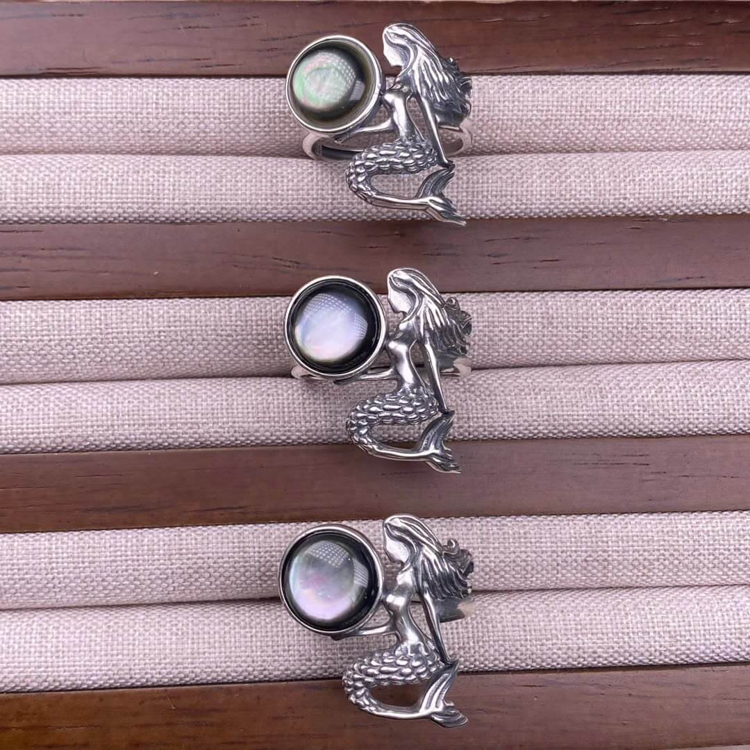Old wax, amethyst, ghost, garnet, rose quartz golden fortune stone ring S925 in silver, mermaid shaped Silver