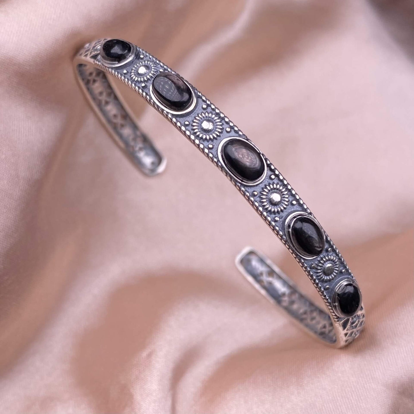 Black Opal,Turquoise, golden stone Blue Moonlight, lime feldspar, citrine, amethyst, aquamarine bangle bracelet S925, silver inlaid, retro open bracelet