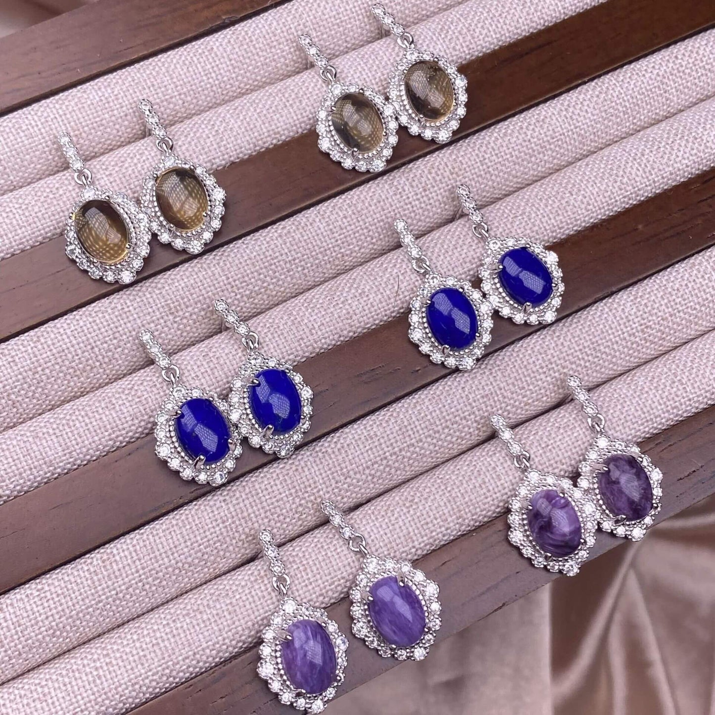 Old wax, Golden Sun, aquamarine, flower amber, citrine, Lapis lazuli, Amethyst, aquamarine, rose quartz, Grey moonlight, Golden Fortune Stone, Black shell Hetian jade, turquoise, Larima sea pattern stone, grape stone earrings S925