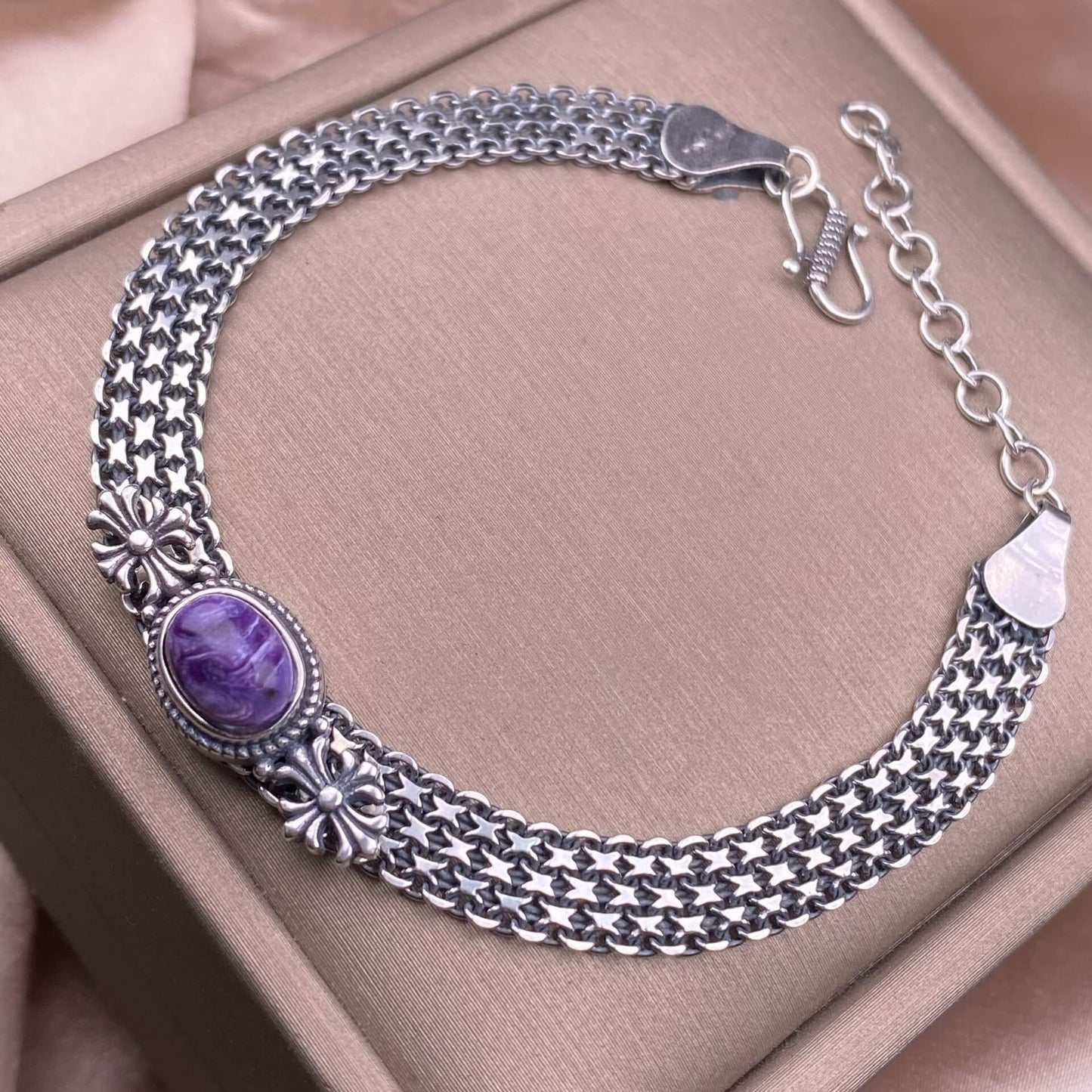 Ghost Amber Sea pattern stone, grape stone, Golden Sun, blue crystal stone, abalone shell, old wax, purple dragon crystal, black opal, golden fortune stone, yellow crystal, opal Bracelet S925 silver inlaid retro silver jewelry Wide Tank Chain