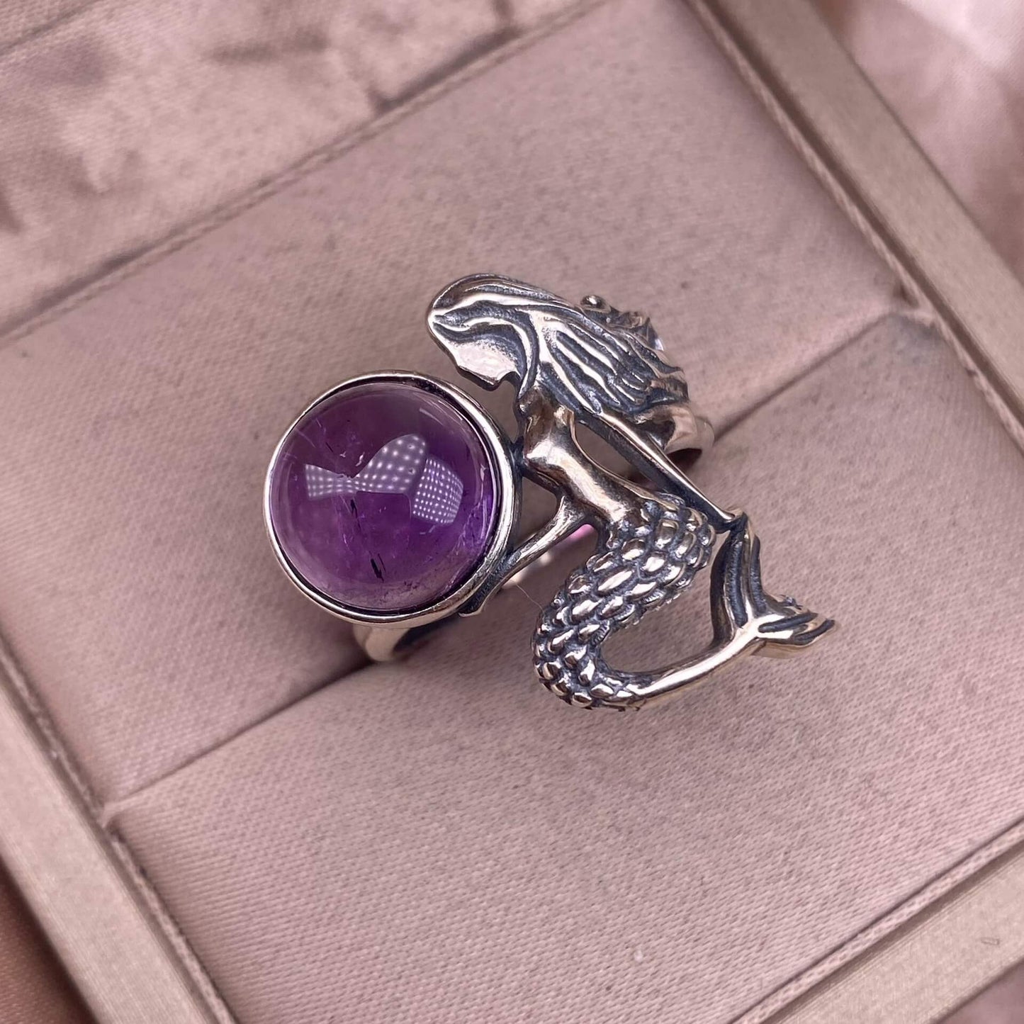 Old wax, amethyst, ghost, garnet, rose quartz golden fortune stone ring S925 in silver, mermaid shaped Silver