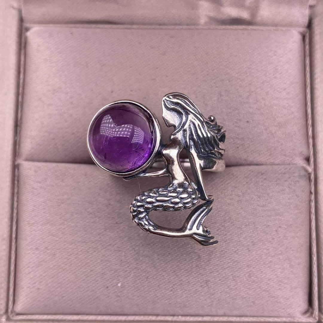 Old wax, amethyst, ghost, garnet, rose quartz golden fortune stone ring S925 in silver, mermaid shaped Silver
