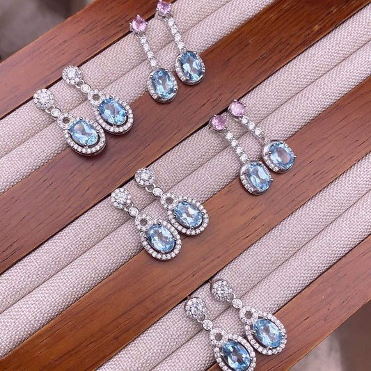 Topaz earrings S925, silver inlaid with full diamonds, exquisite and light luxury women's colored gemstone crystal short silver earrings and earrings