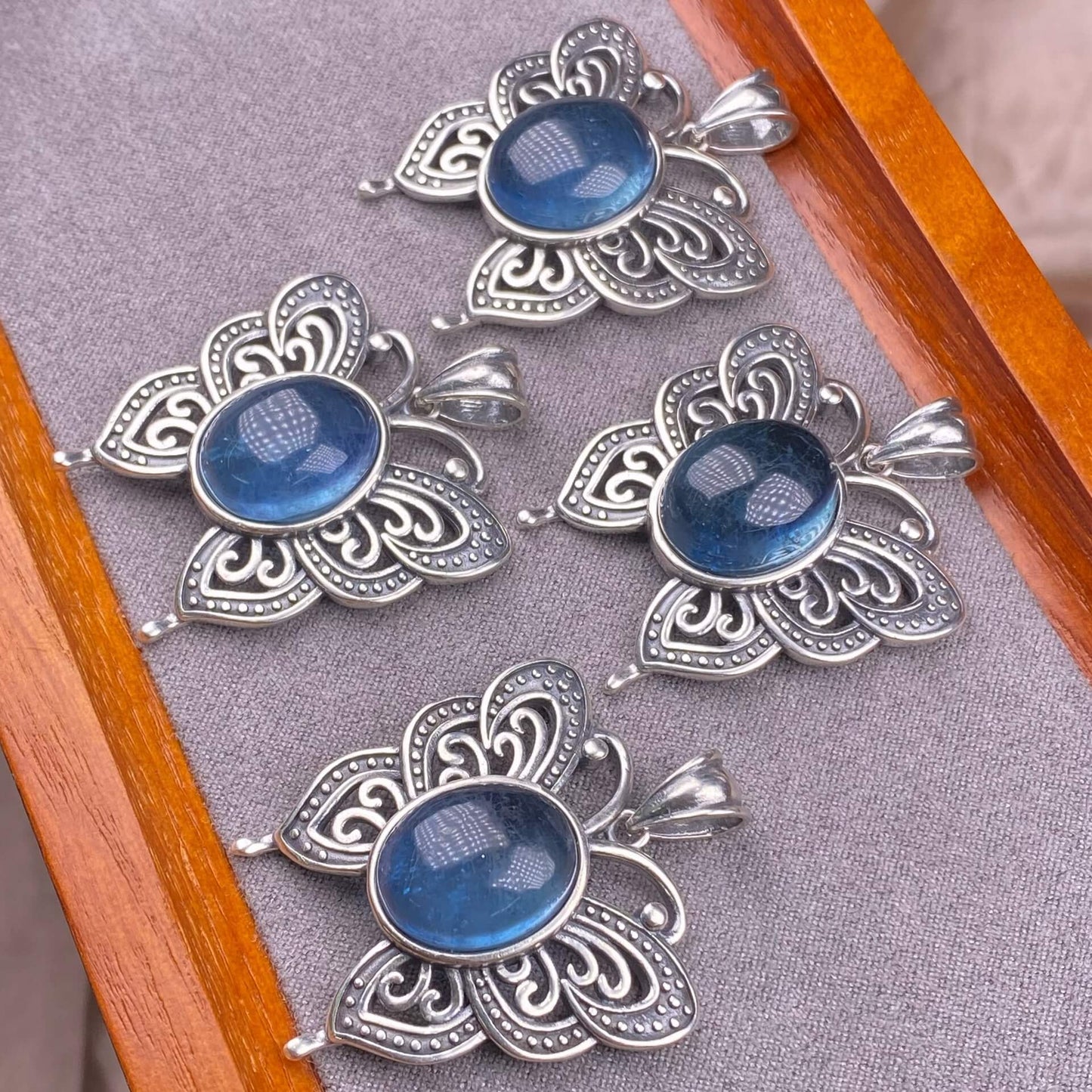 Lalima sea Pattern Stone Rose quartz, blue moonstone, aquamarine, old wax, flower amber, amethyst, turquoise, Hetian jade, grape stone pendant S925 silver inlaid retro butterfly necklace pendant