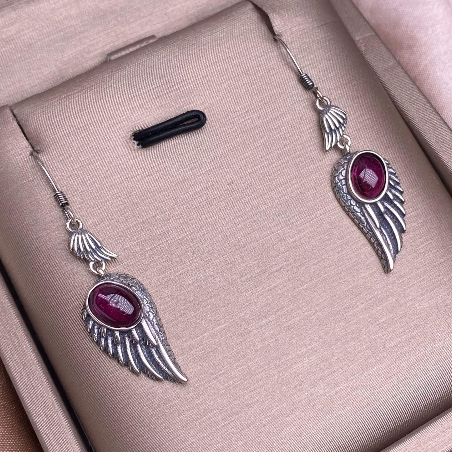 Garnet, black opal, black shell, white shell, tea crystal, purple dragon crystal wings earrings S925 (Copy)