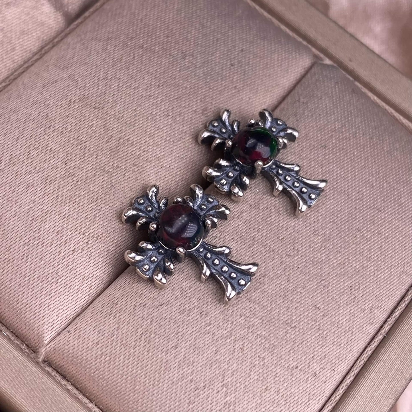 Citrine, peridot, garnet, south red, pink topaz, opal, cordierite, black opal, sea pattern stone, turquoise  cross earrings S925