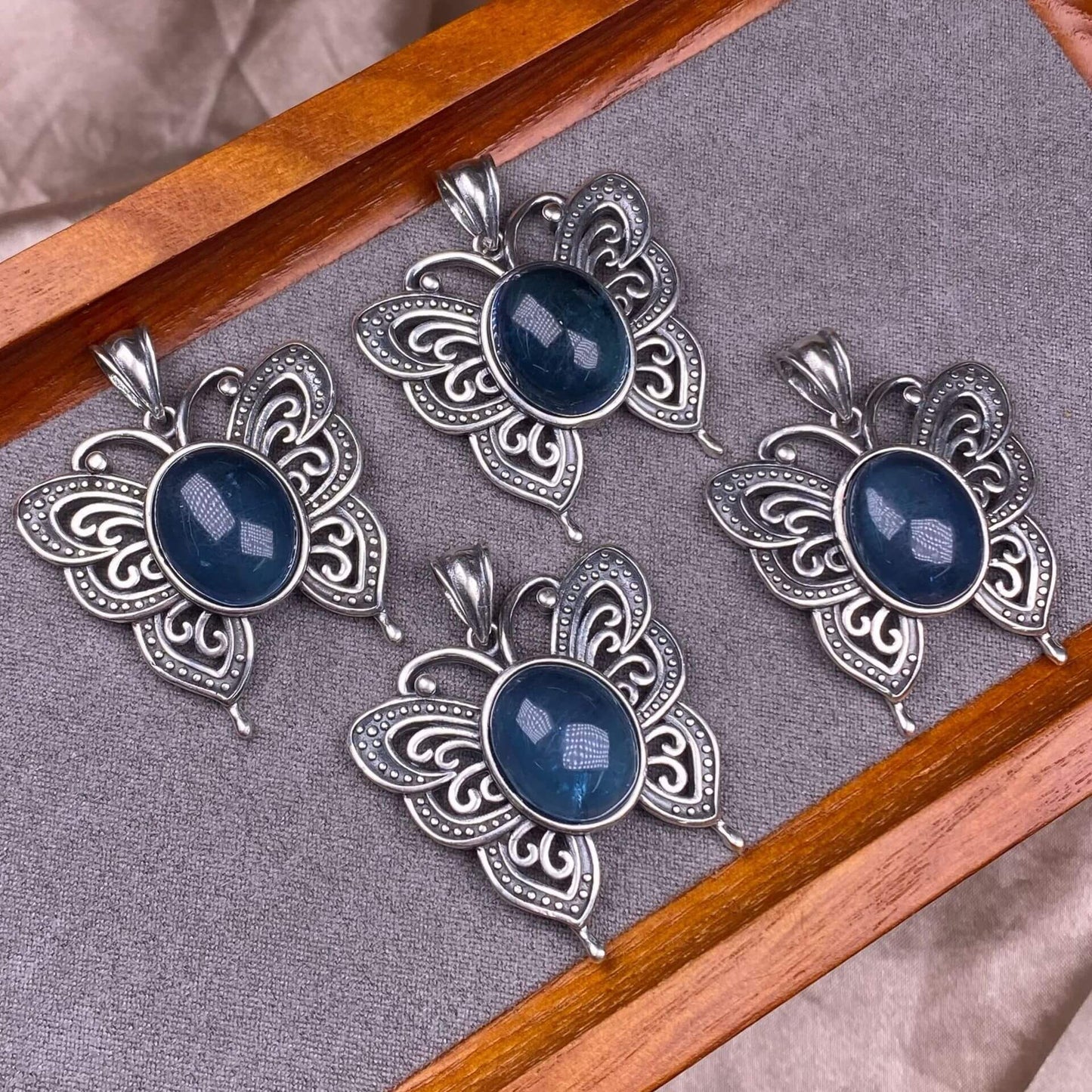 Lalima sea Pattern Stone Rose quartz, blue moonstone, aquamarine, old wax, flower amber, amethyst, turquoise, Hetian jade, grape stone pendant S925 silver inlaid retro butterfly necklace pendant